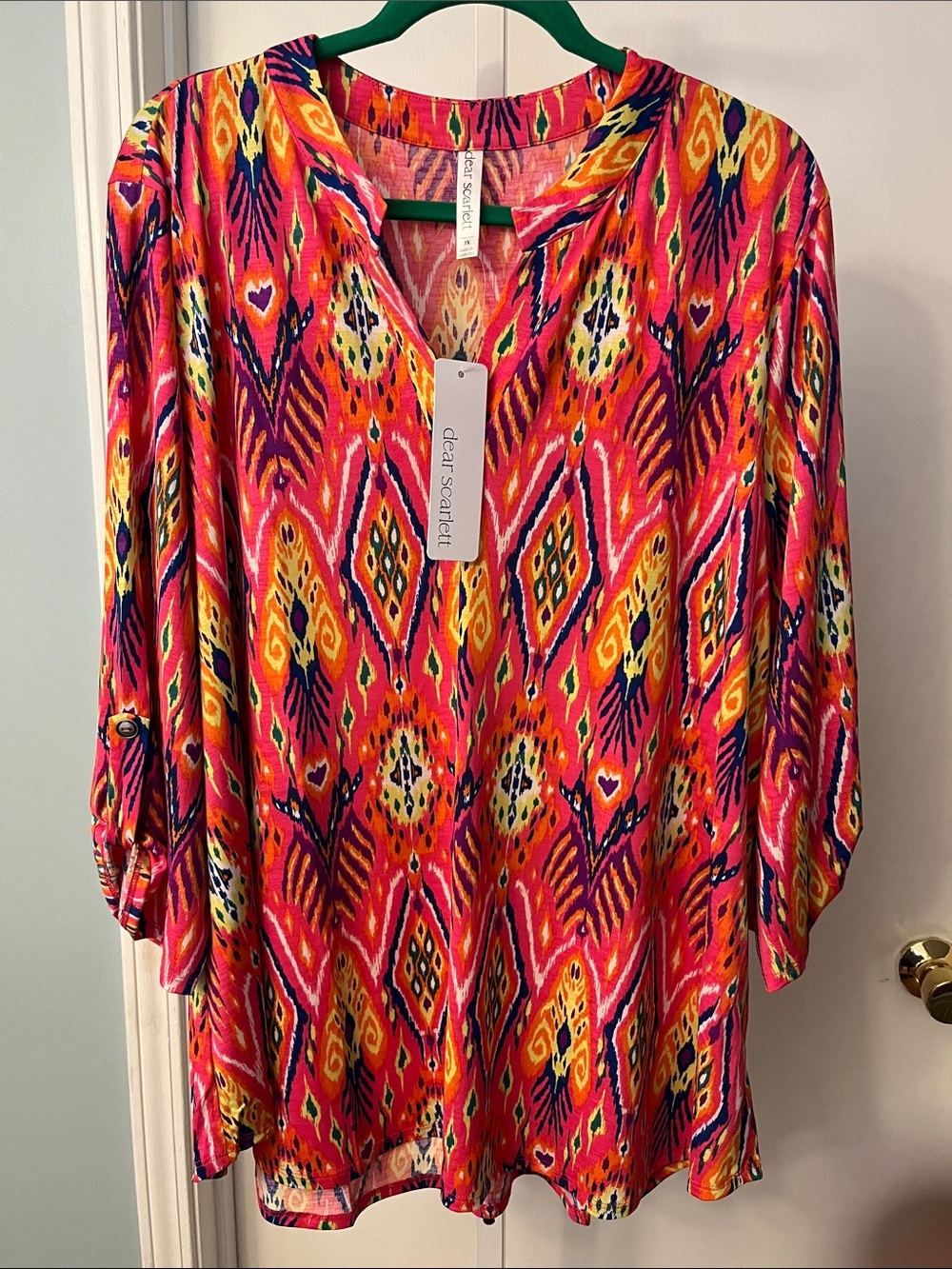 Clear Scarflet Pink Multi Ikat V-Neck Roll-Sleeve Tunic Top